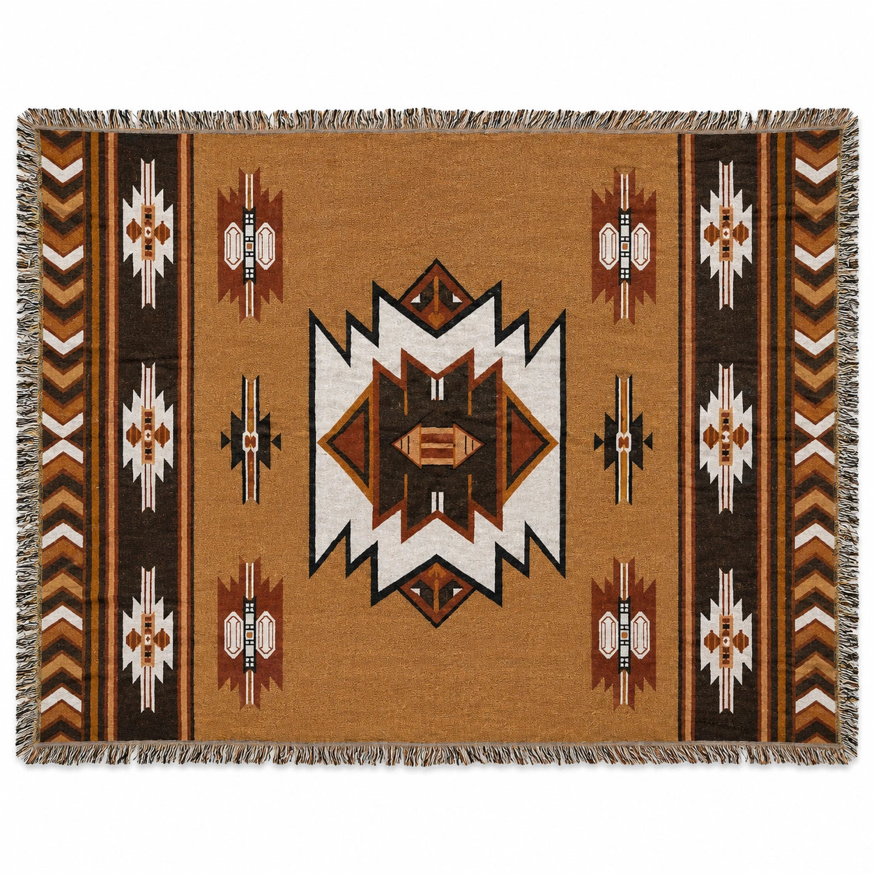 Tapis ethnique géométrique brun beige blanc