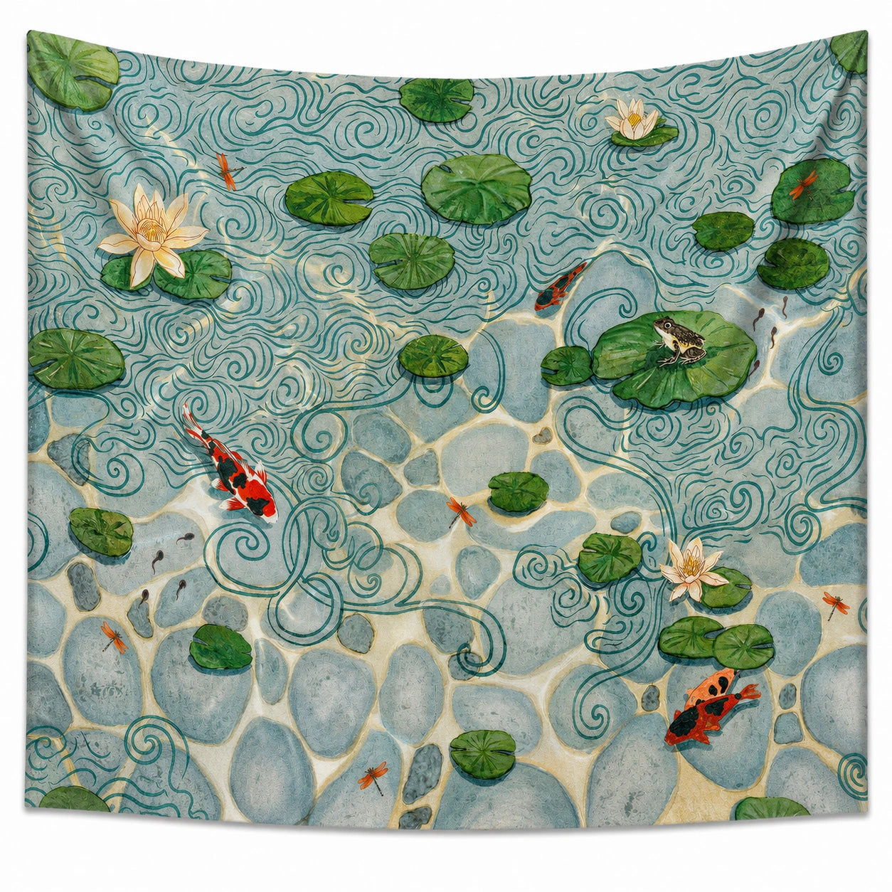 Tenture Murale Aquatique avec Nénuphars et Carpes Koi 150x130cm