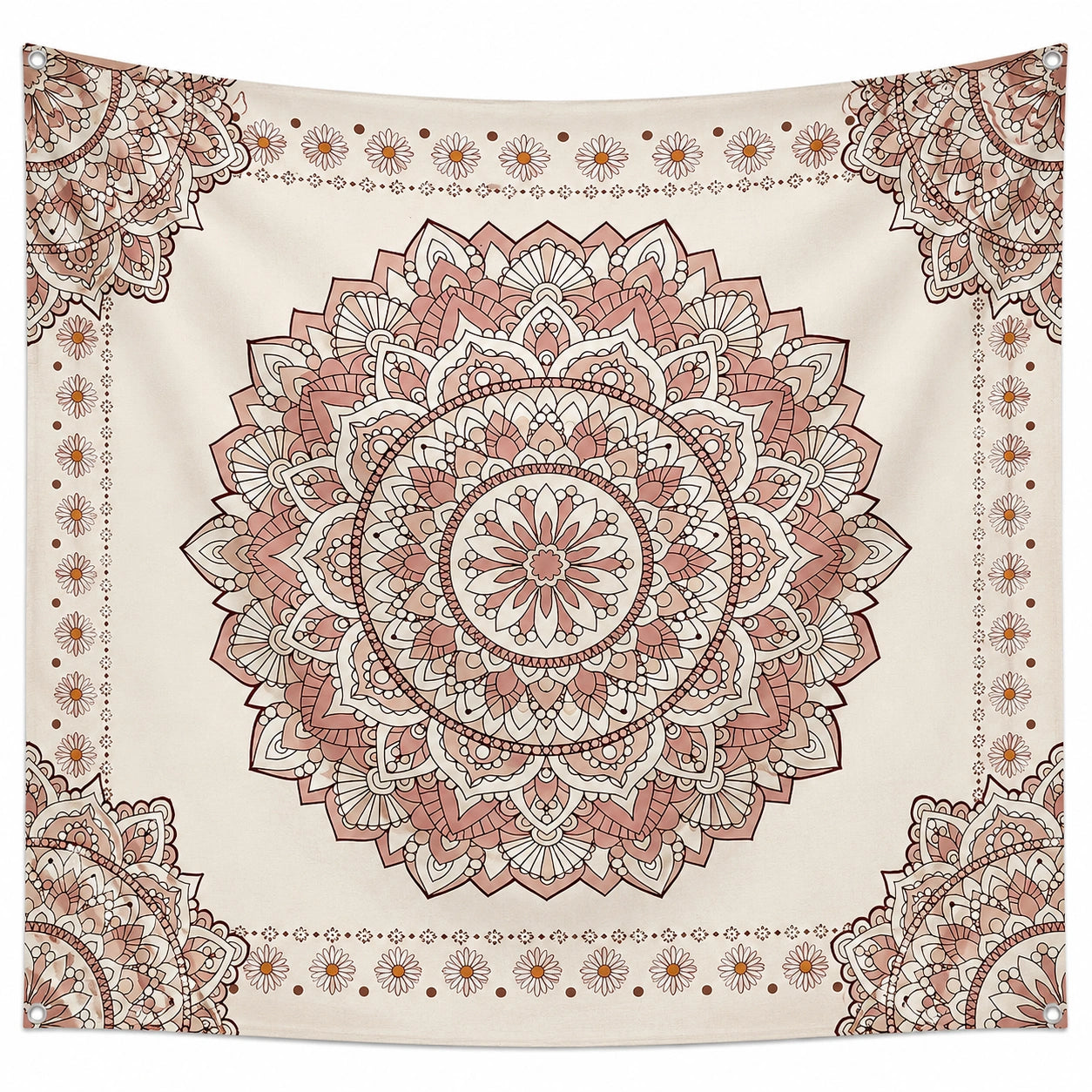 Tenture murale mandala bohème beige et rose 150x150 cm