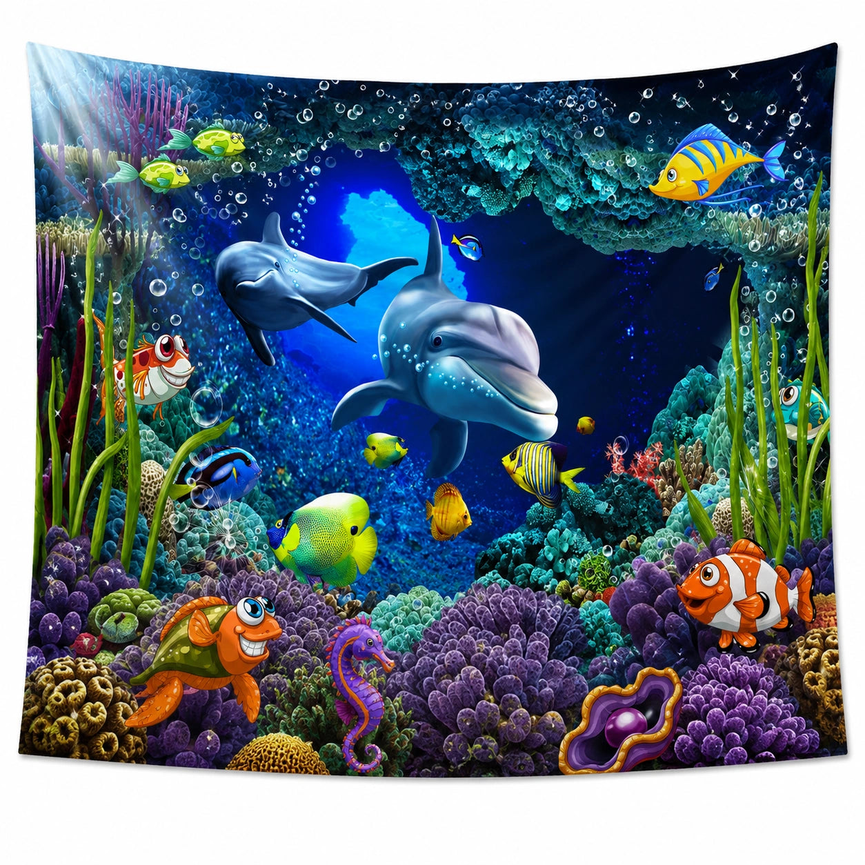 Tenture murale sous-marine dauphins et poissons multicolore