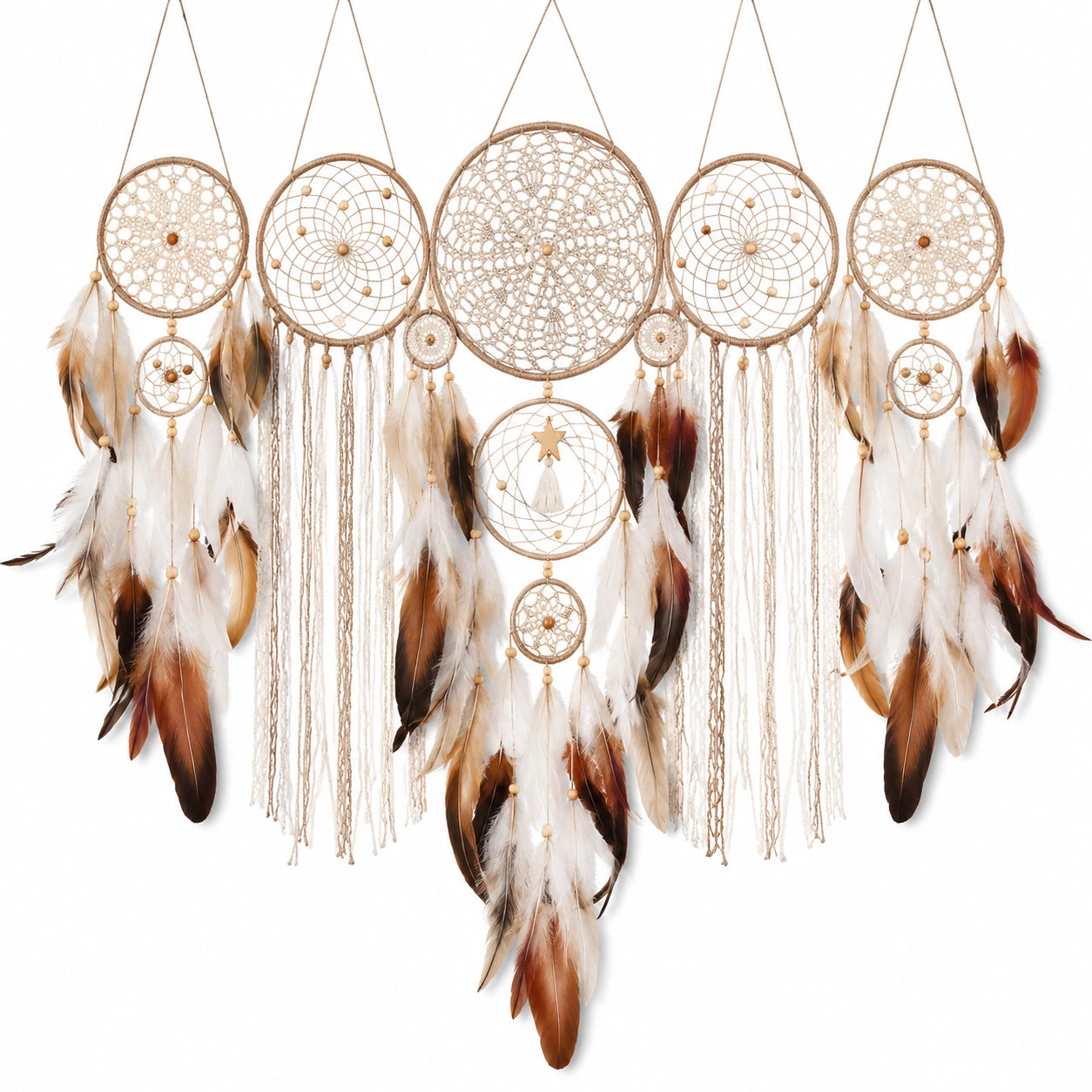 Grand attrape-rêves mural en plumes et macramé 100x70 cm Beige/Marron