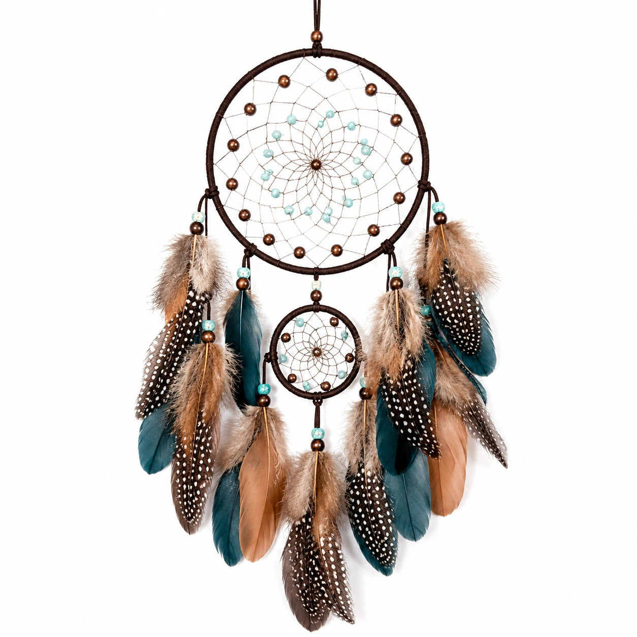 Attrape-rêves bohème plumes bleu turquoise marron 20x55cm