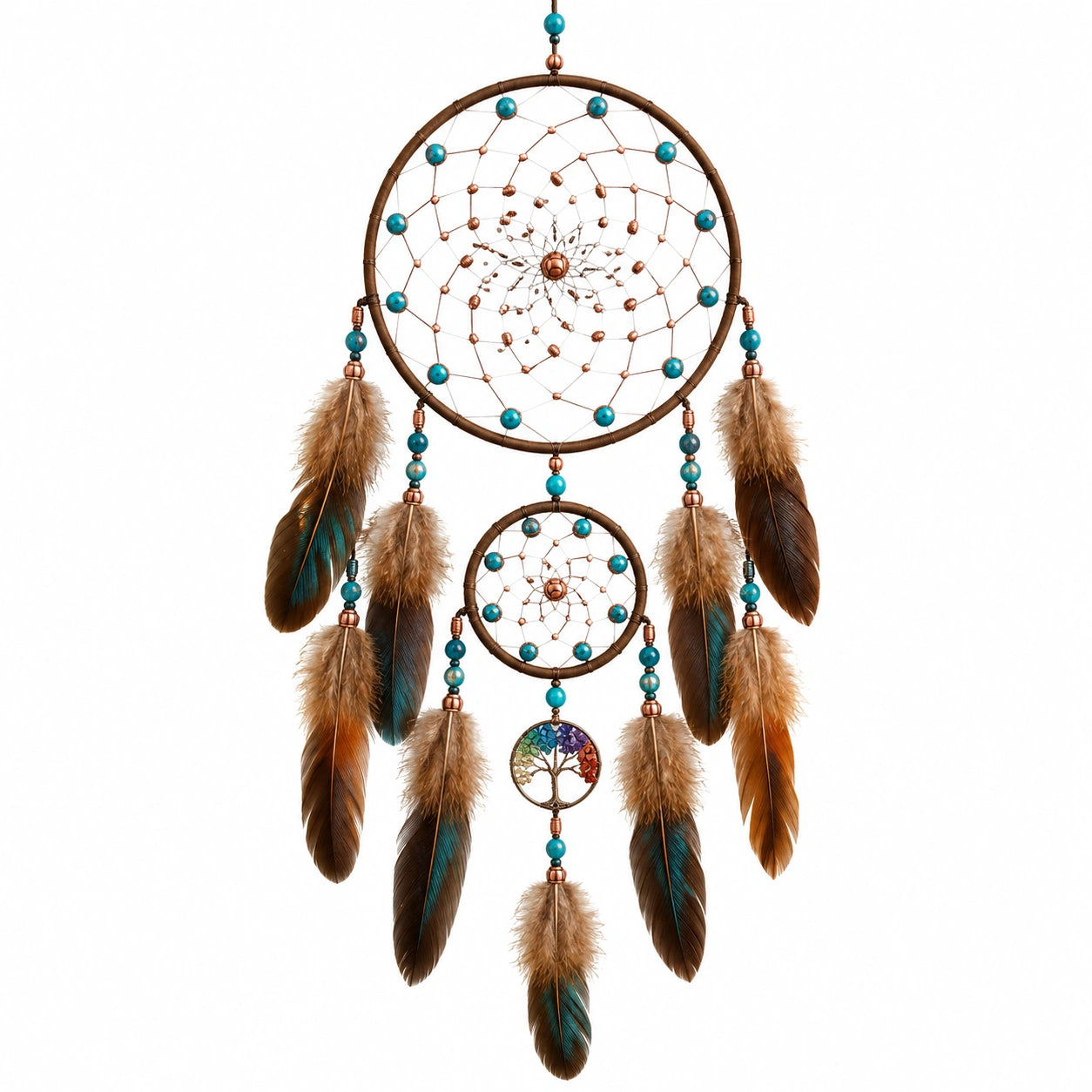 Attrape-rêves bohème avec plumes turquoise et arbre de vie