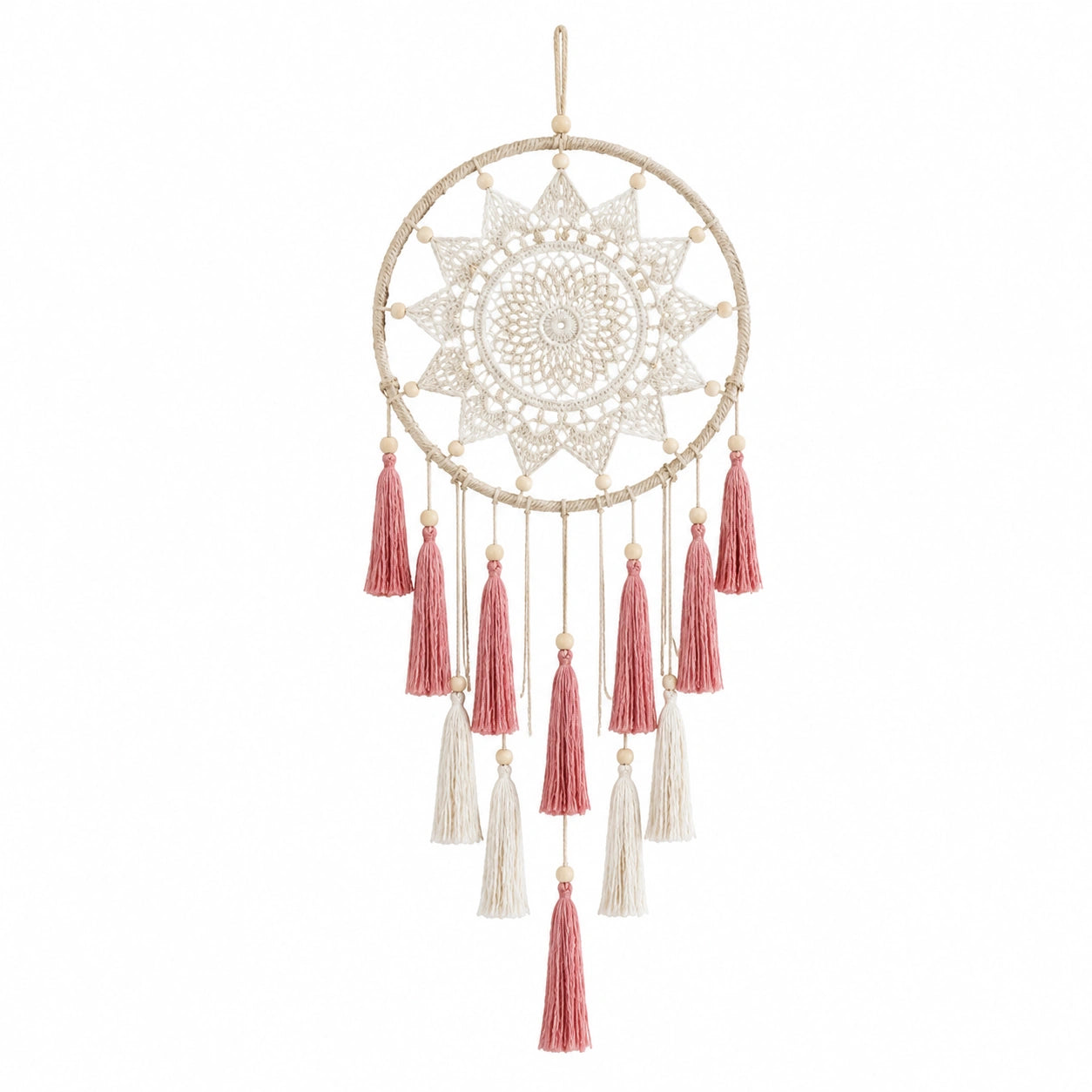 Attrape-rêves mural crème et rose avec pompons