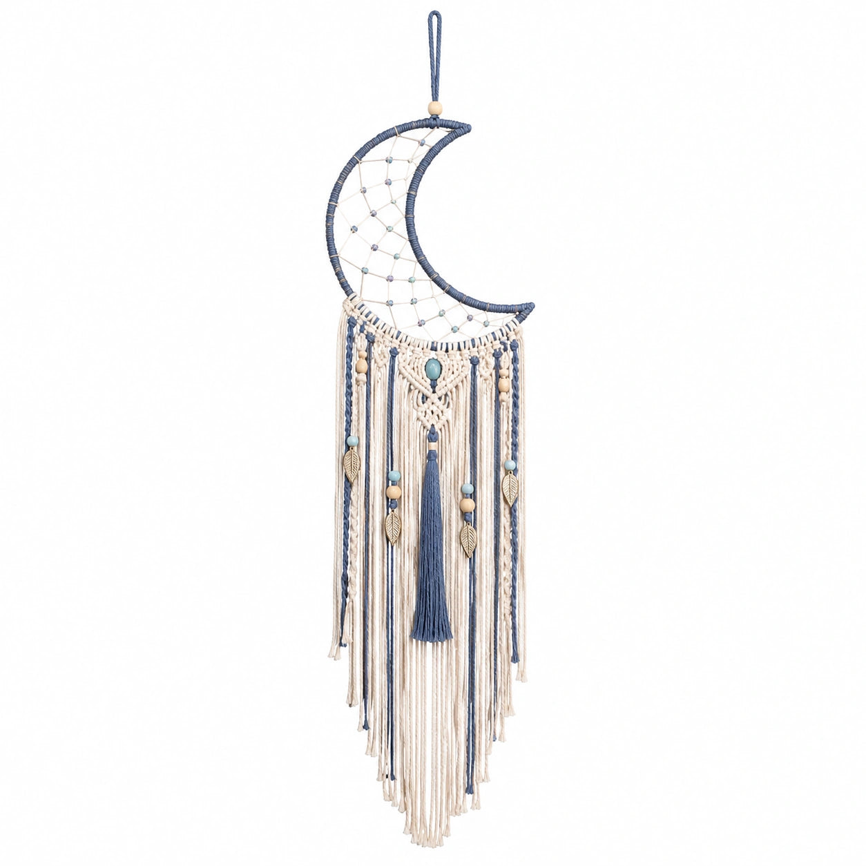 Capteur de rêves macramé lune bleue et ivoire