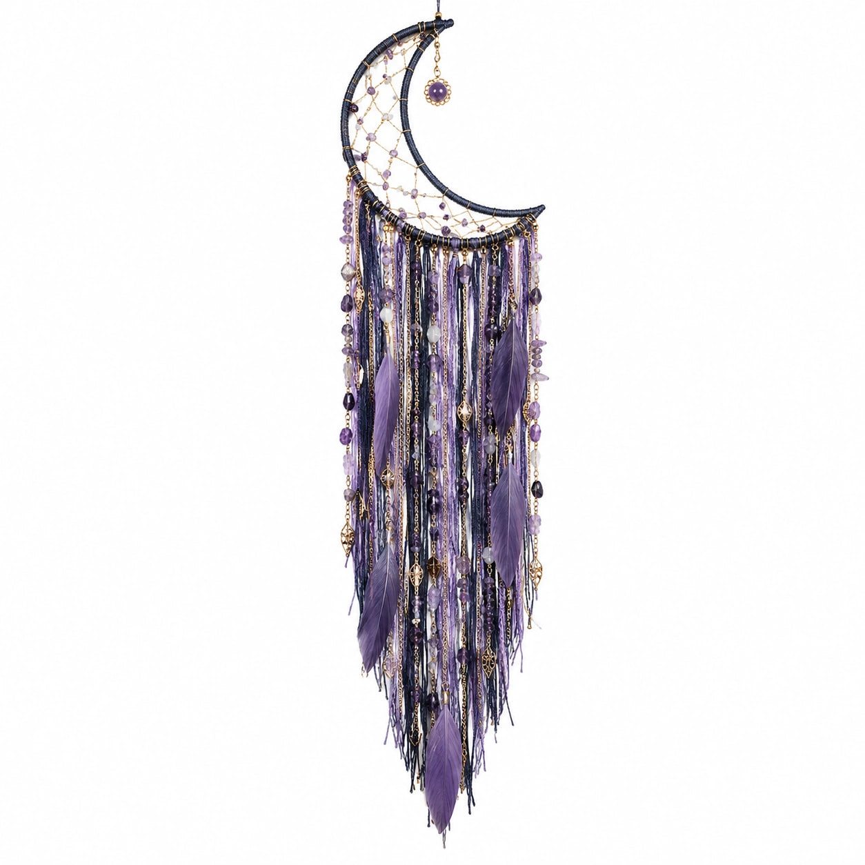 Attrape-rêves Croissant de Lune Violet avec Plumes Bohème
