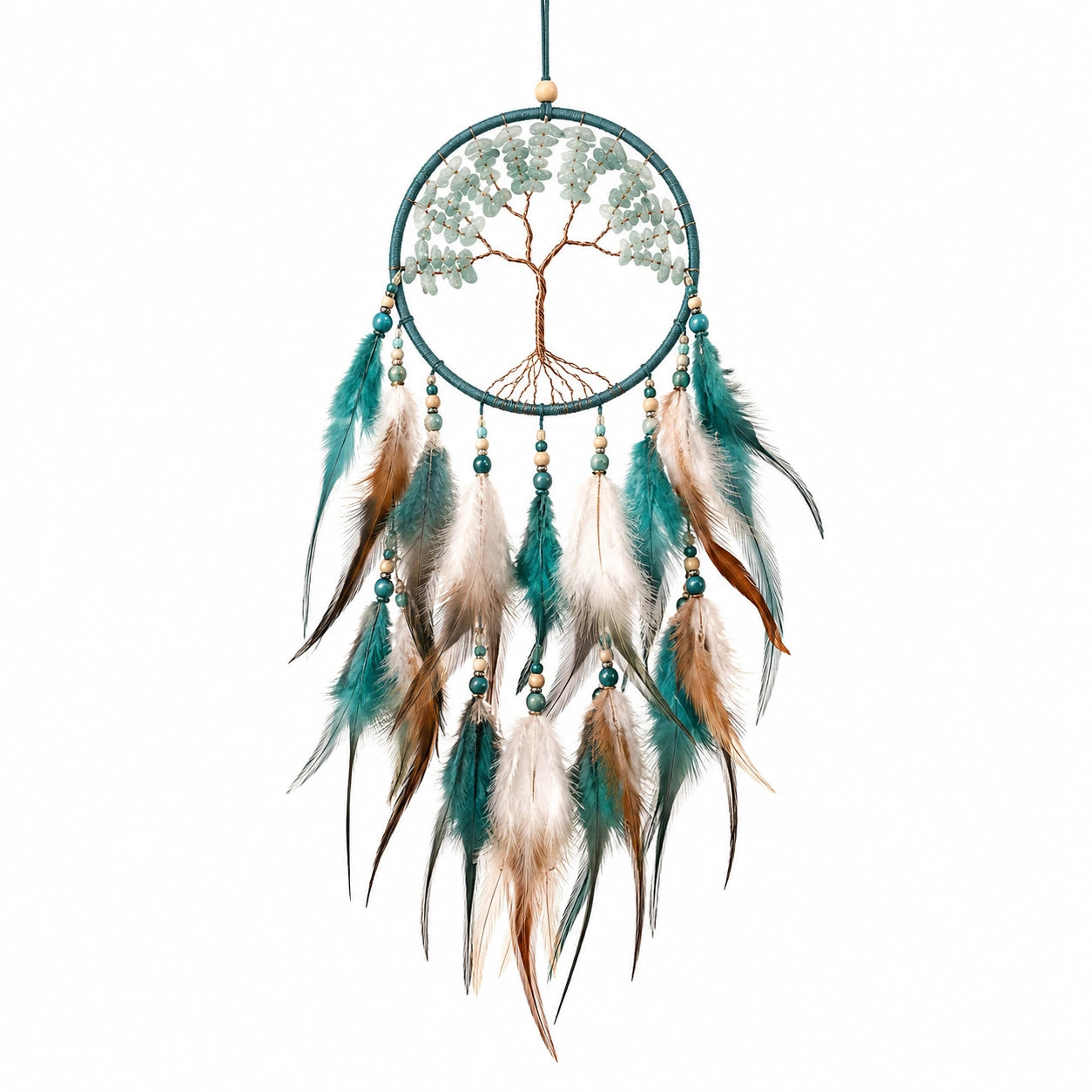 Attrape-rêves arbre de vie avec plumes naturelles vert, blanc et marron