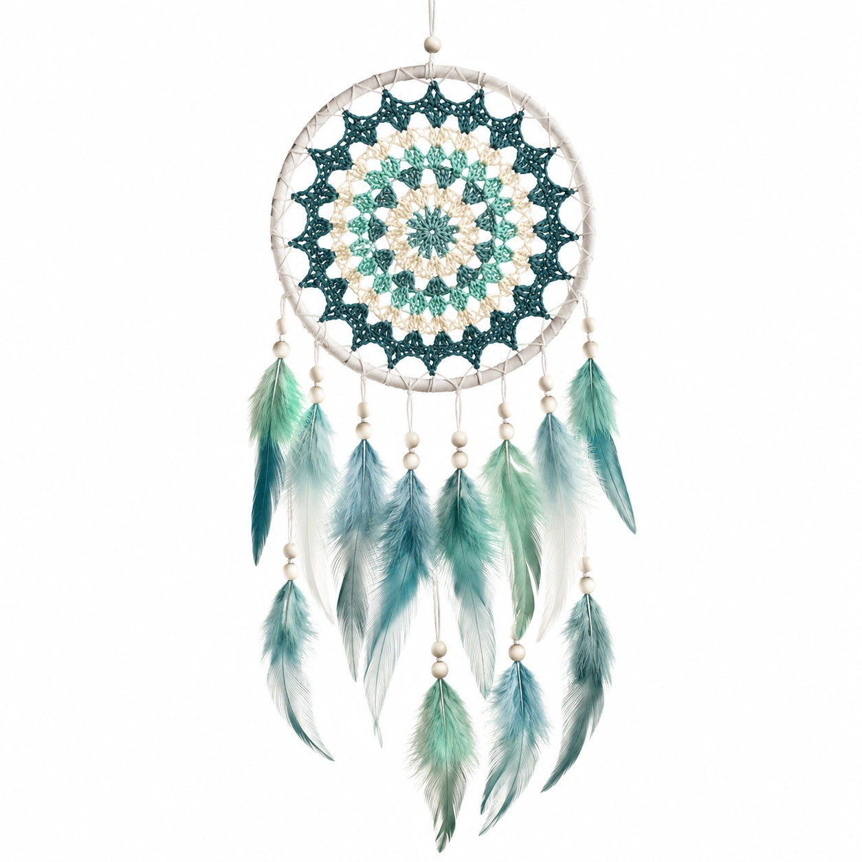 Attrape-rêves turquoise et blanc avec plumes