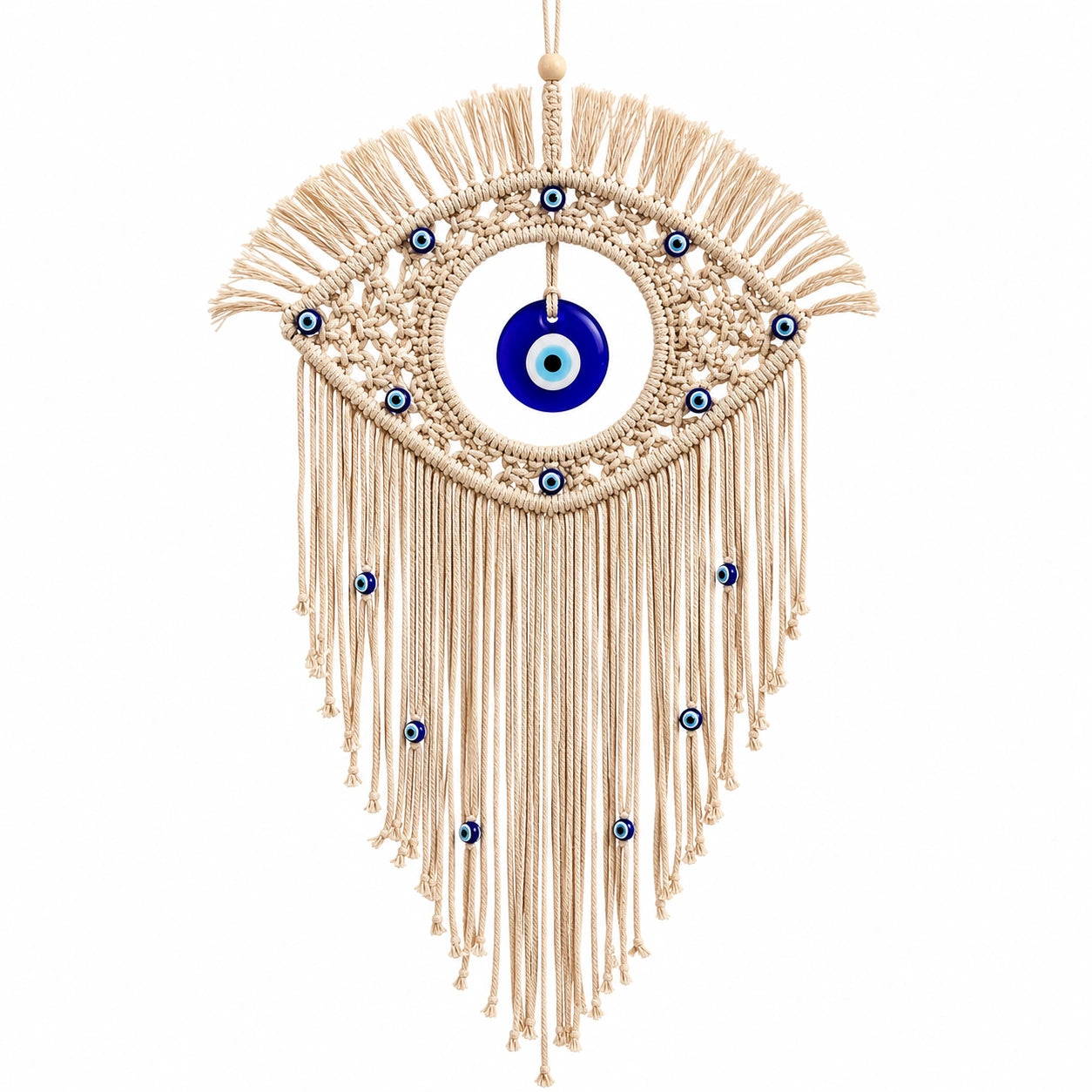 Décoration Murale Œil en Macramé Beige et Bleu