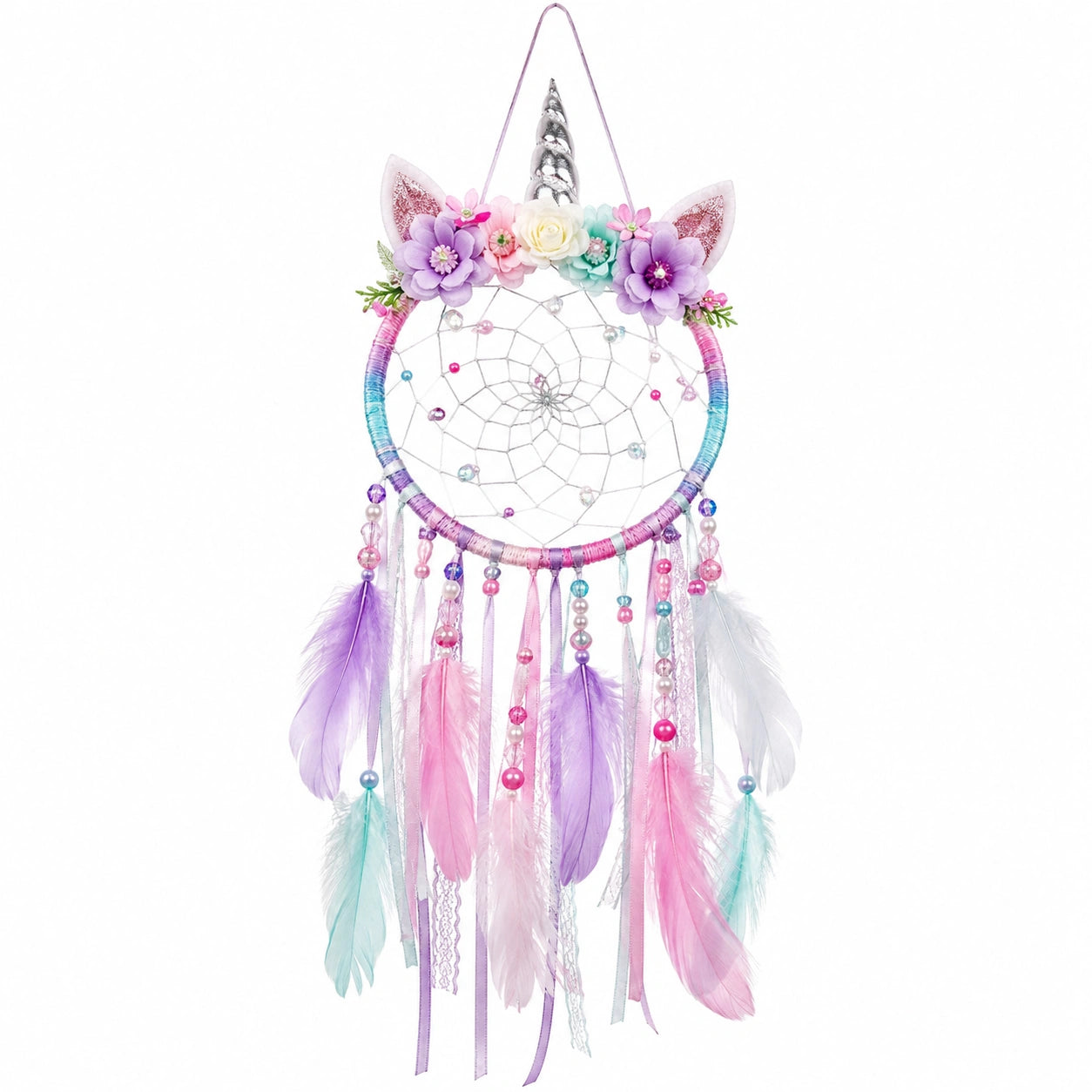 Attrape-rêves Licorne avec Plumes et Fleurs Multicolores