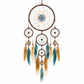 Attrape-rêves artisanal bohème avec plumes marron, beige et turquoise 50x15 cm