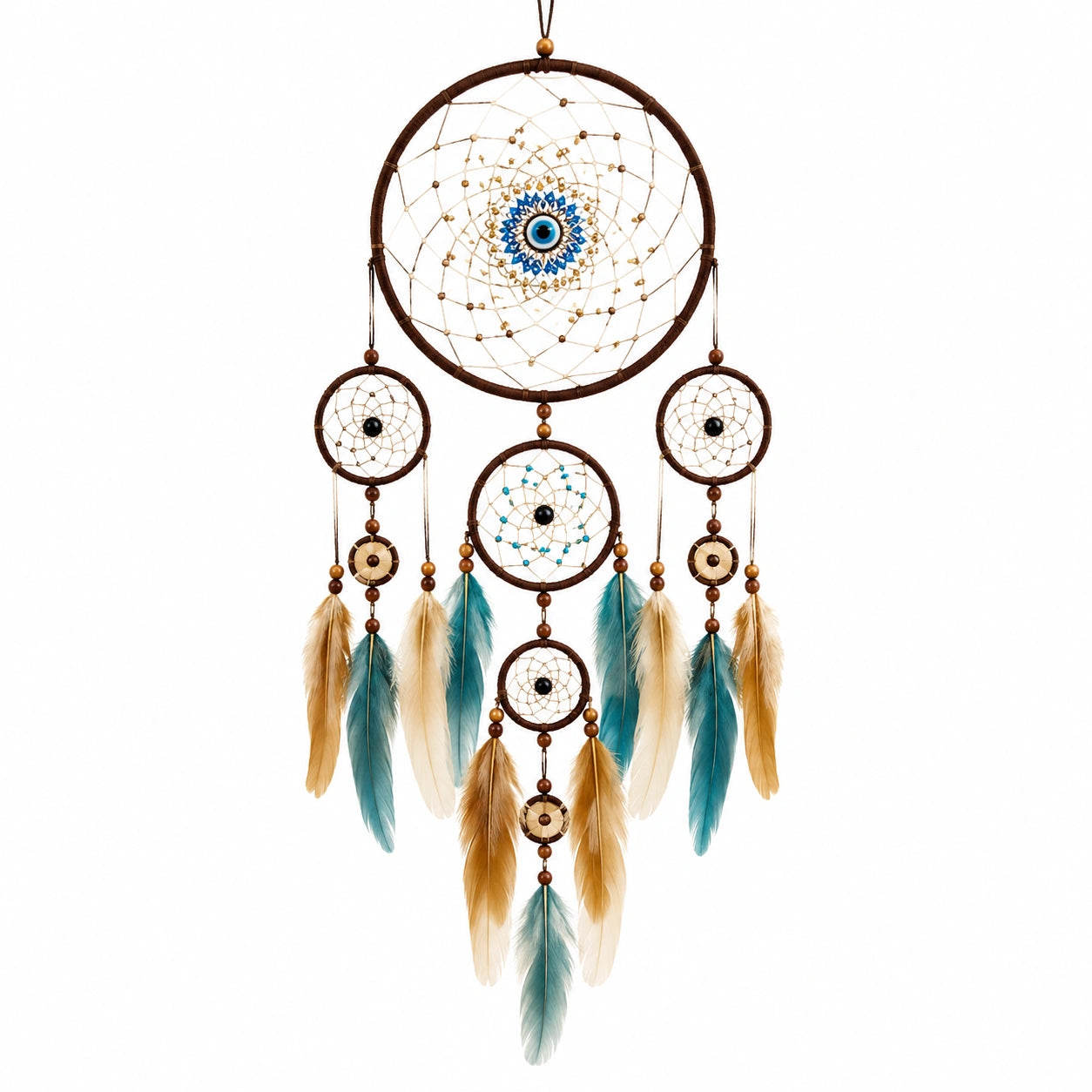 Attrape-rêves artisanal bohème avec plumes marron, beige et turquoise 50x15 cm