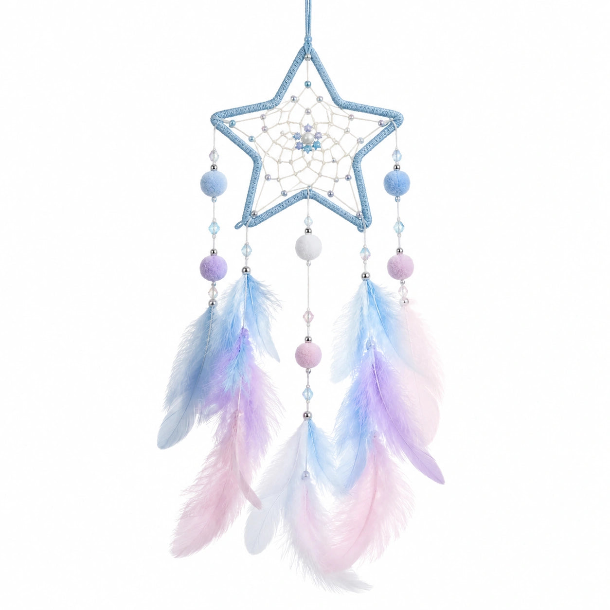 Attrape-rêves étoile plumes bleu rose blanc