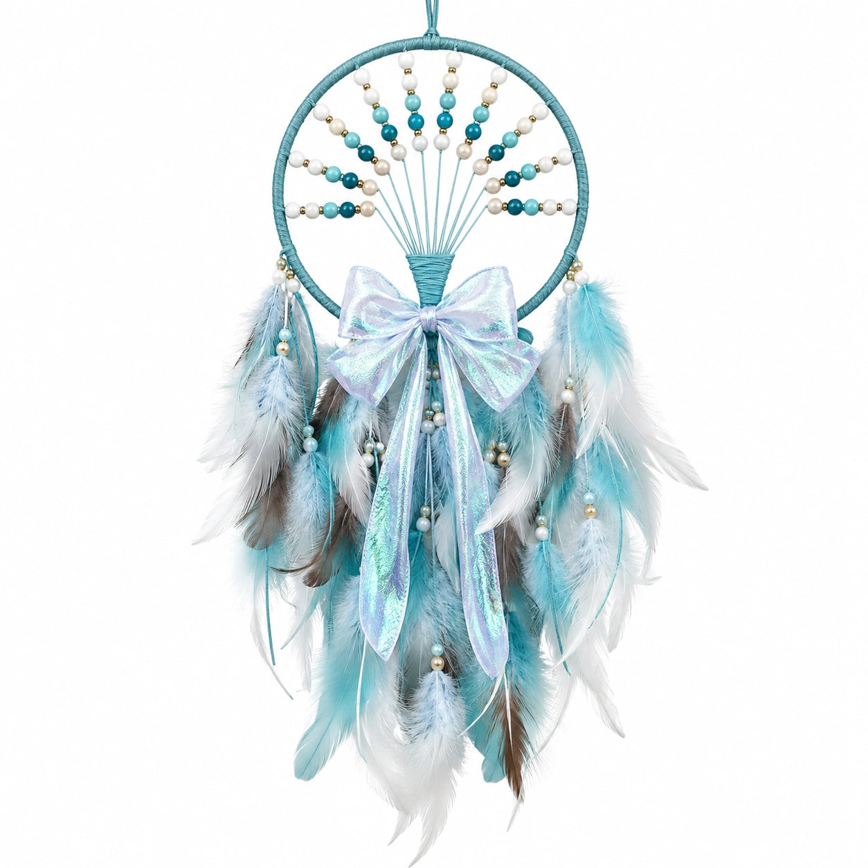Attrape-rêves en plumes bleu turquoise et blanc avec perles