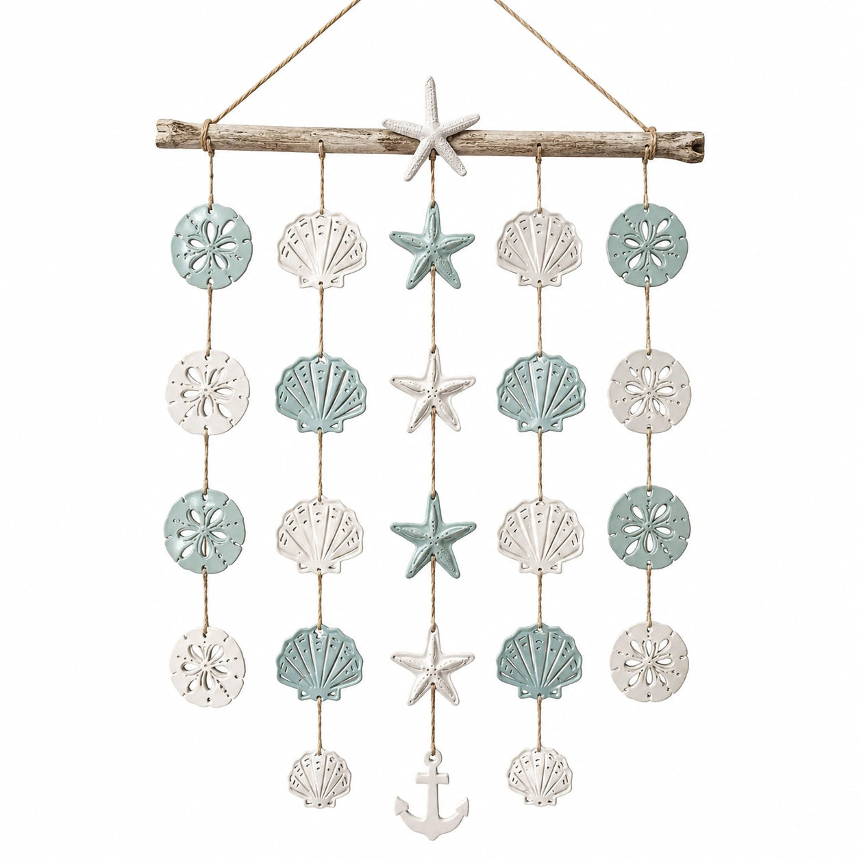 Suspension Murale Décorative Étoiles de Mer et Coquillages Vert/Blanc