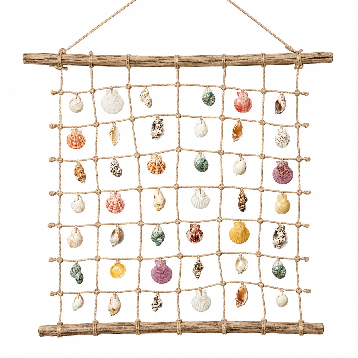 Décoration murale en bois avec coquillages multicolores