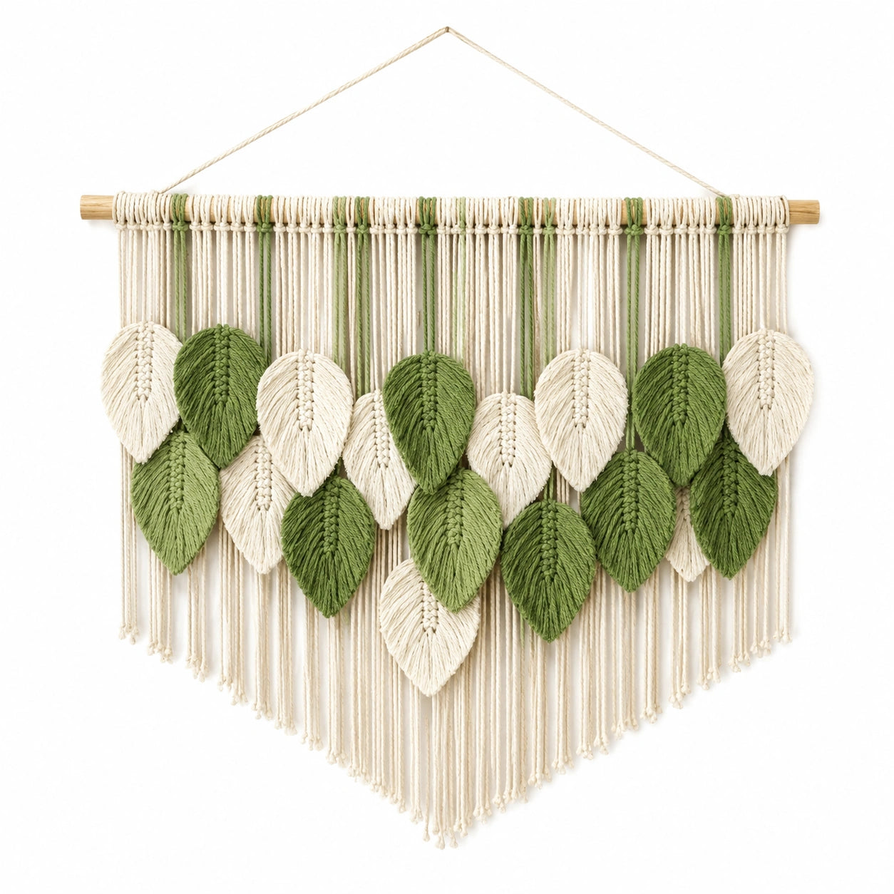 Tenture Murale en Macramé avec Feuilles Vertes et Crème 50x70 cm