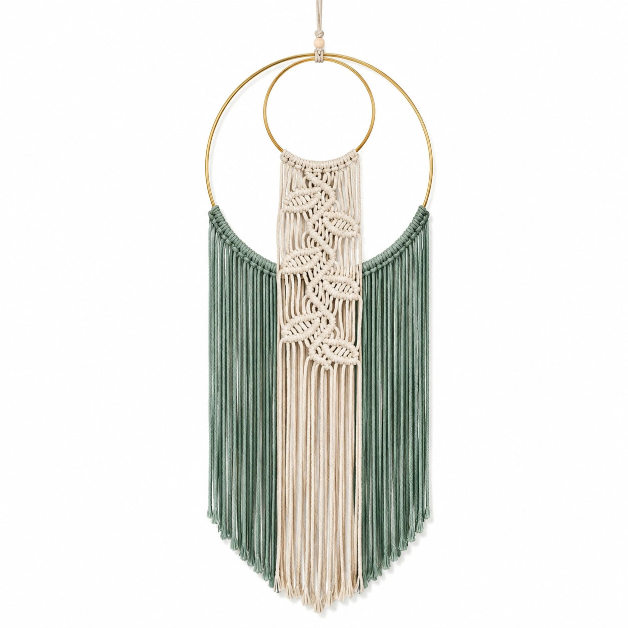 Décoration murale en macramé vert et beige