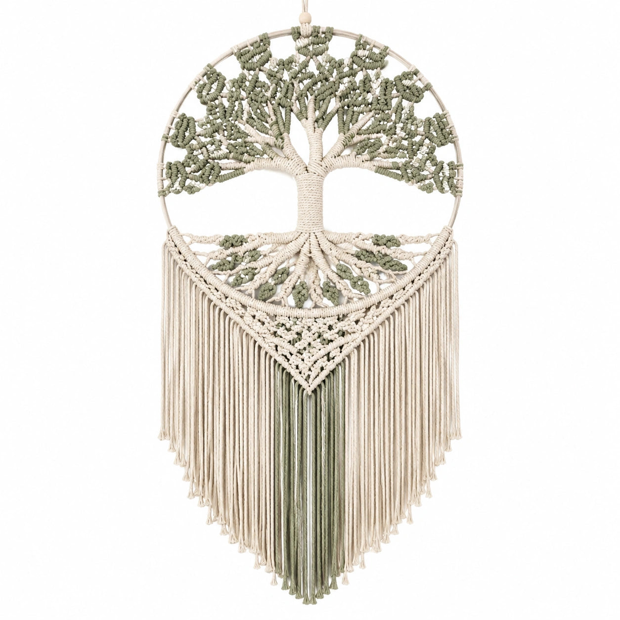 Tenture Murale Arbre de Vie en Macramé Vert et Beige