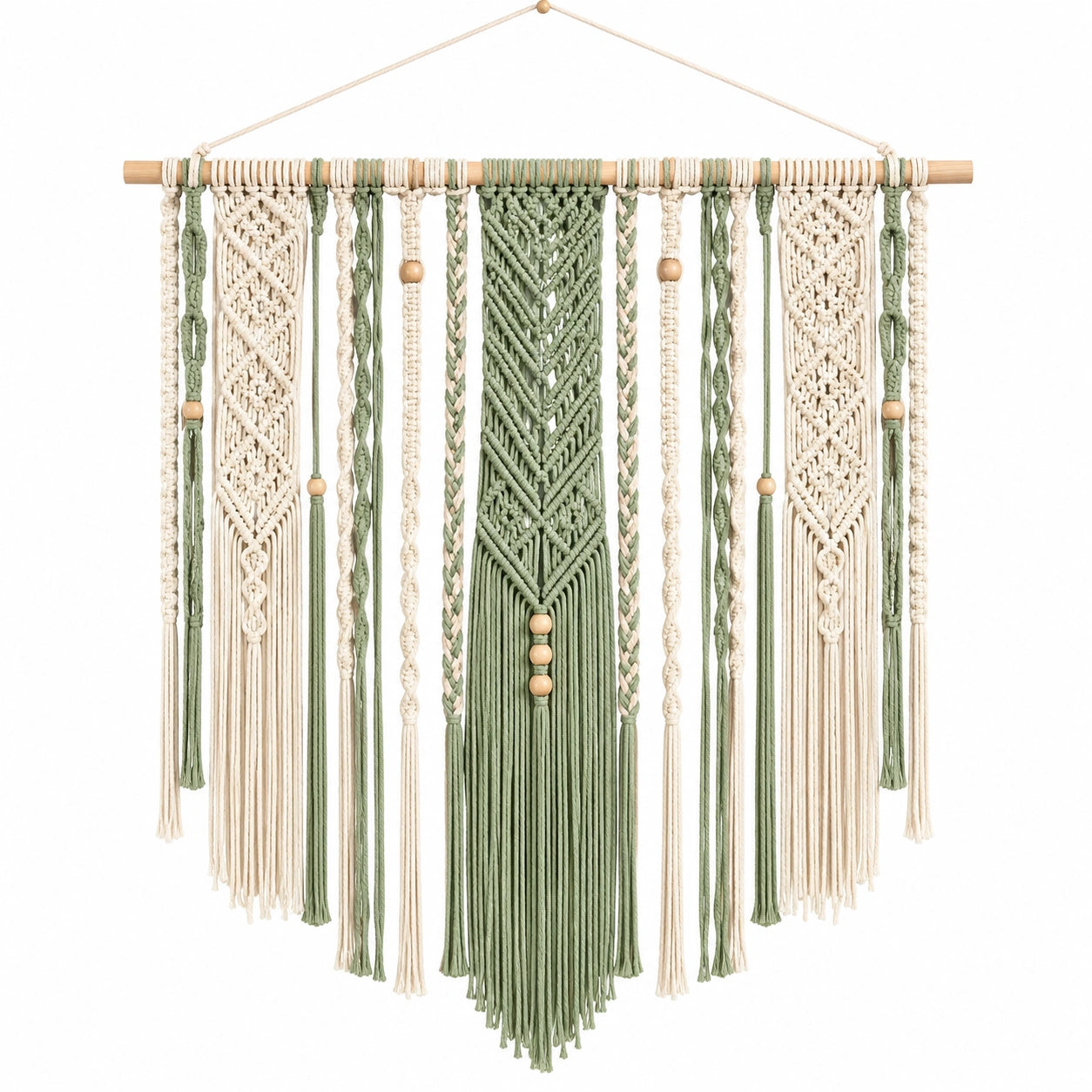 Tenture murale artisanale en macramé vert et crème 45x70 cm