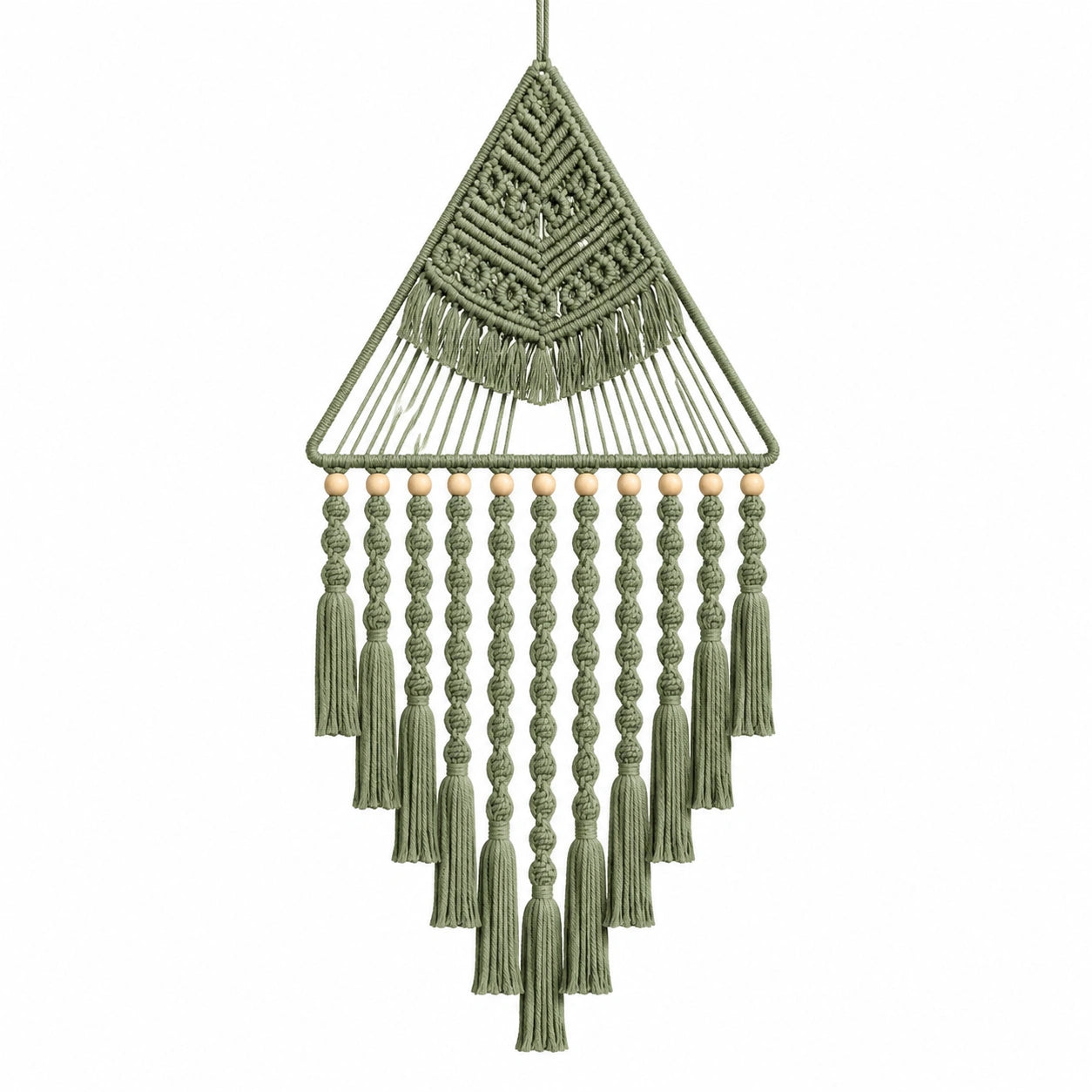 Décoration Murale en Macramé Vert avec Franges et Éléments en Bois