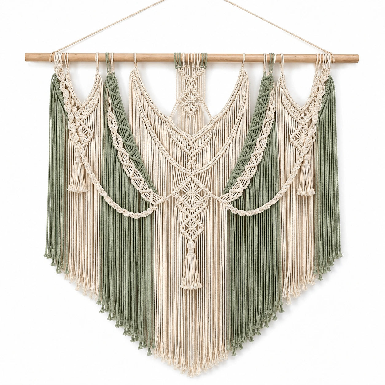 Tenture Murale Bohème en Macramé Beige et Vert