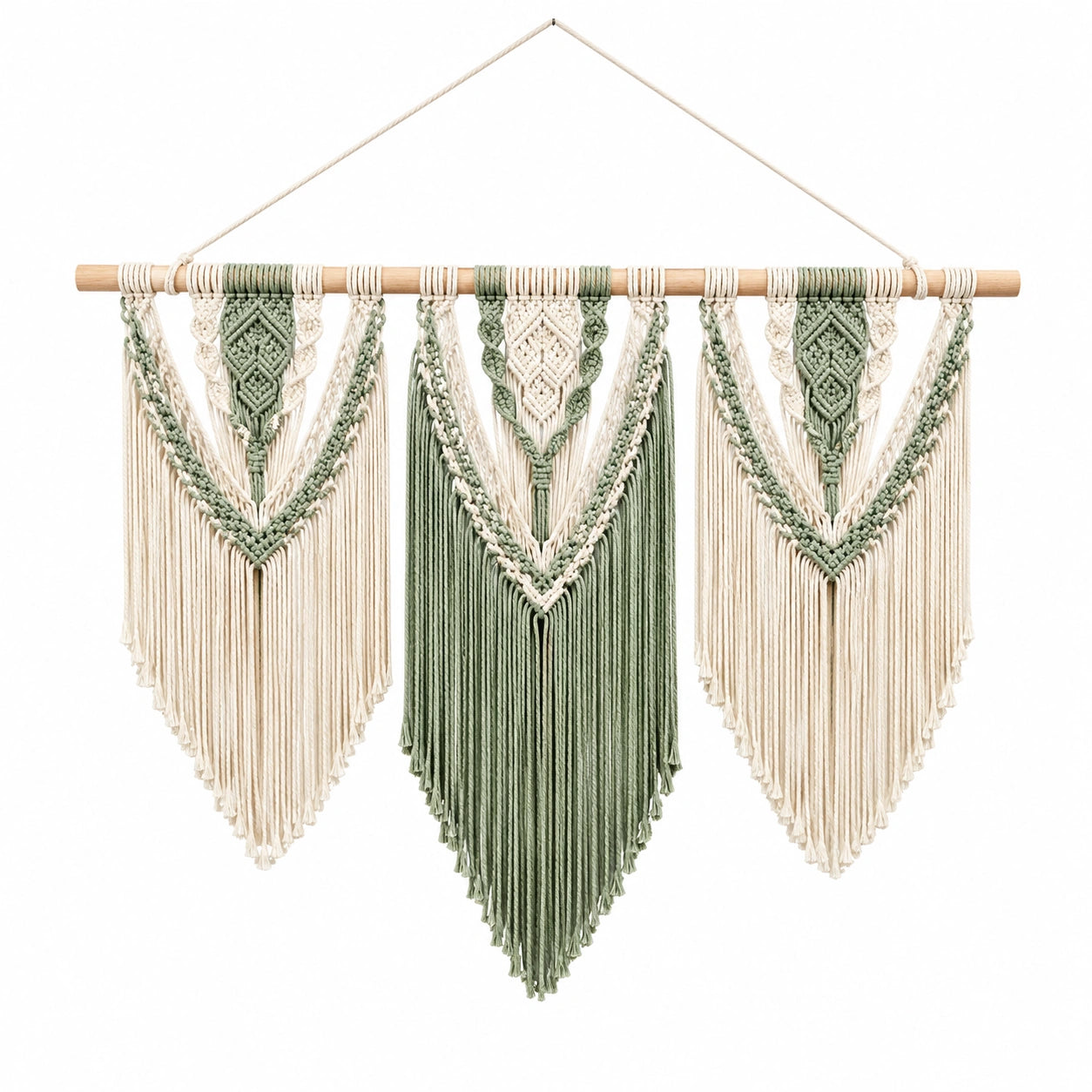 Tenture Murale Macramé Décoration Bohème Crème et Vert