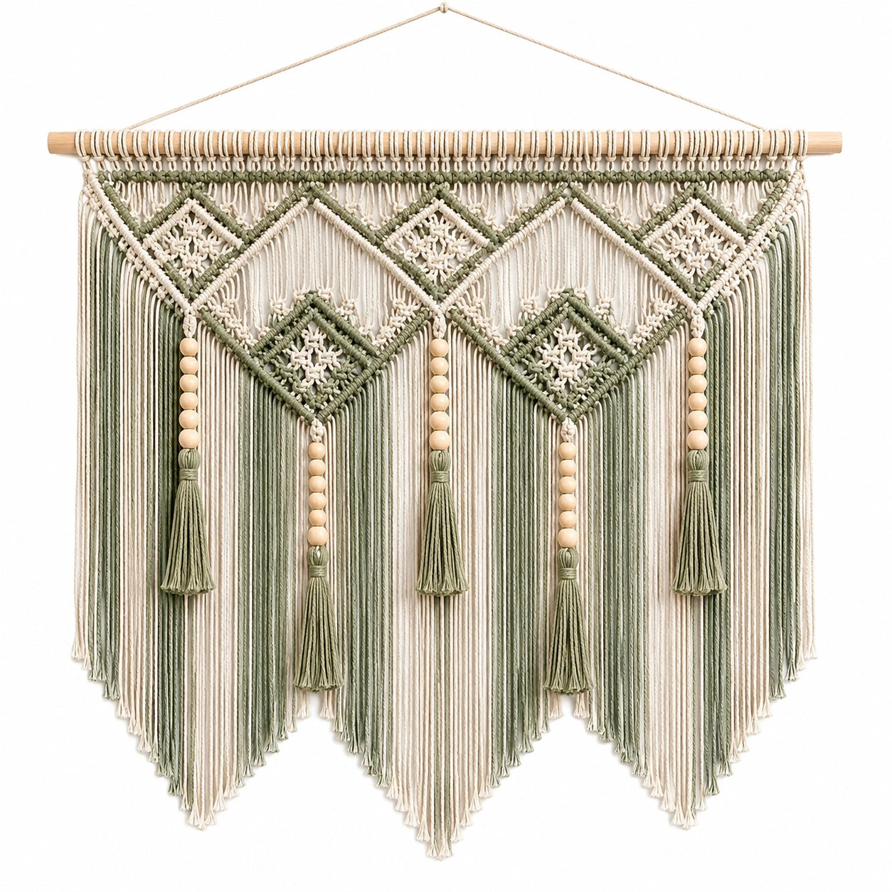 Décoration murale en macramé vert et crème avec perles