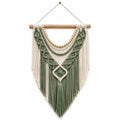 Tenture Murale en Macramé Vert et Blanc avec Détails en Bois