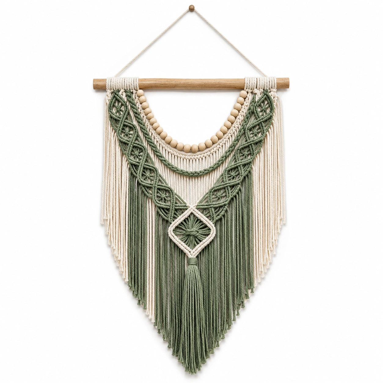 Tenture Murale en Macramé Vert et Blanc avec Détails en Bois