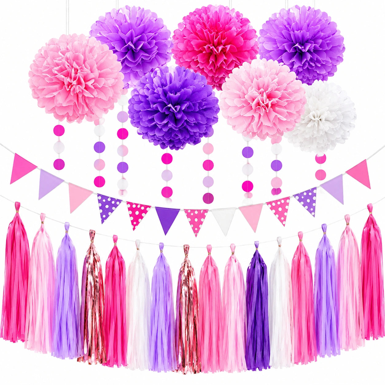 Ensemble de Décoration de Fête Pompons en Papier et Guirlandes Multicolores