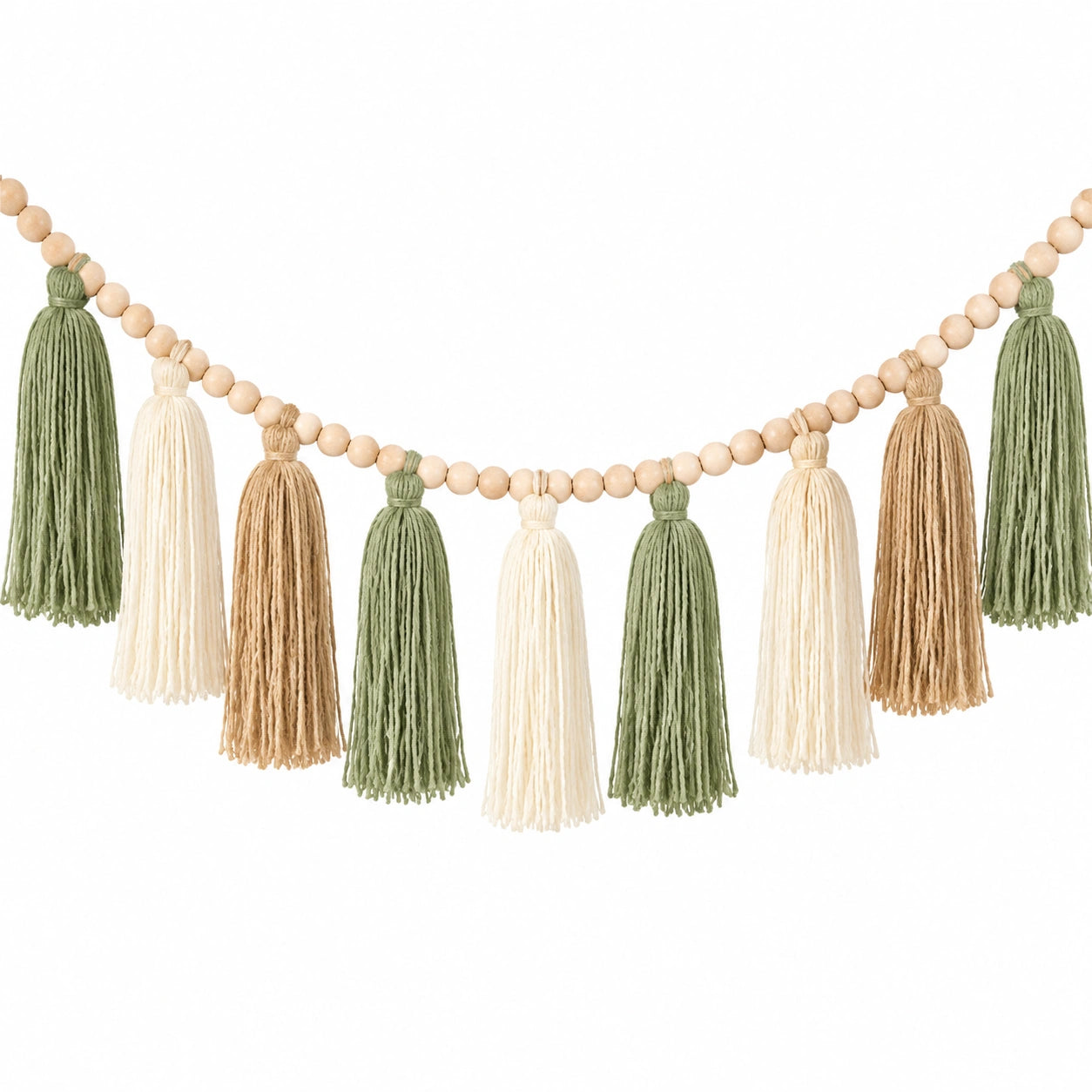 Guirlande de Pompons en Vert et Beige avec Perles en Bois