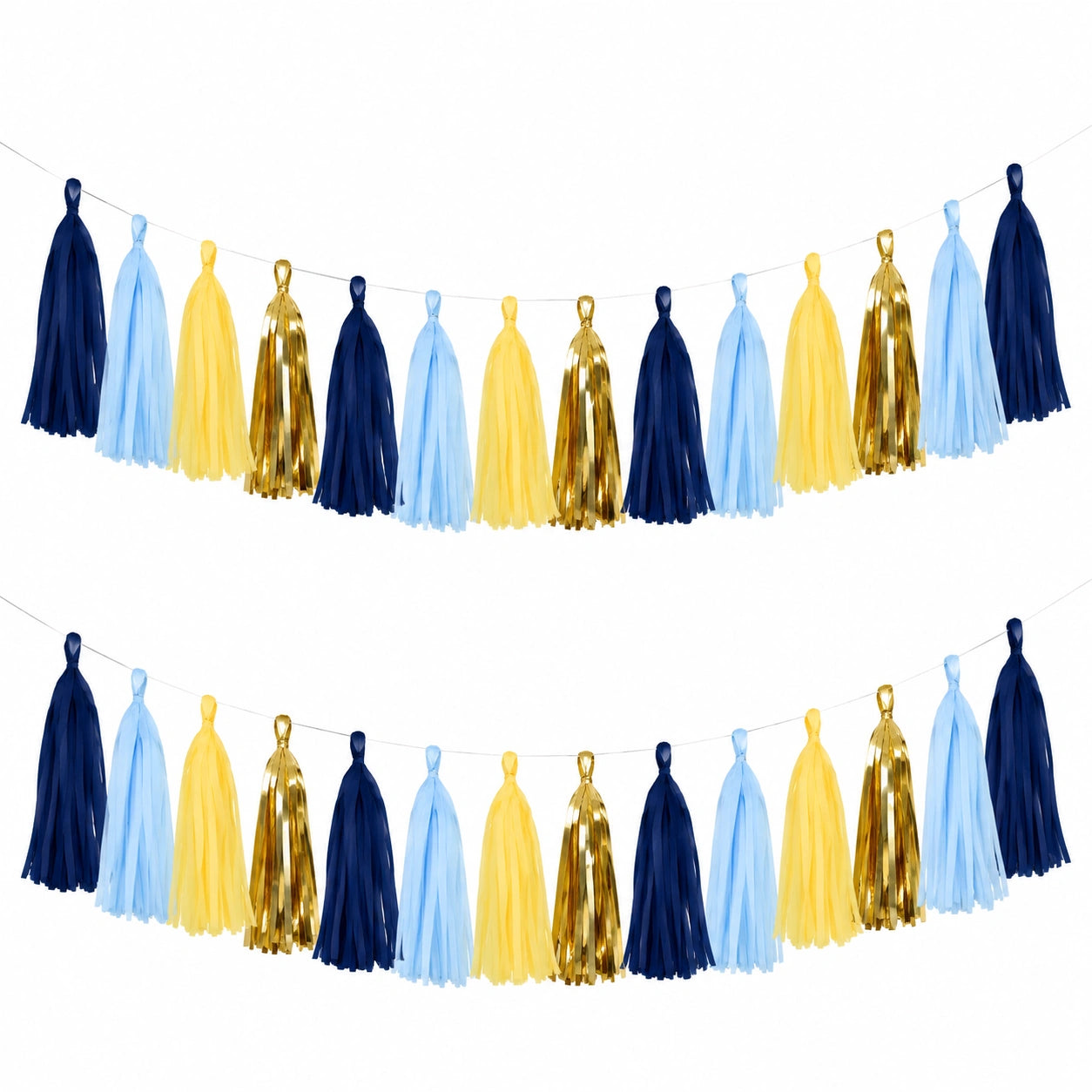 Guirlande de Pompons Bleu Clair, Bleu Marine, Jaune et Or pour Décoration de Fête