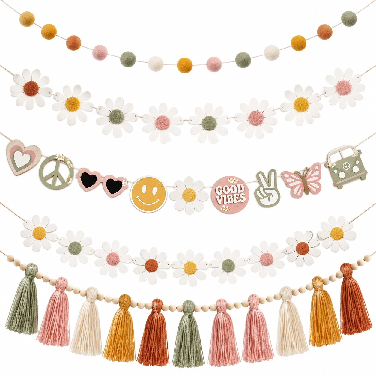 Guirlande Bohème avec Pompons et Motifs Multicolores