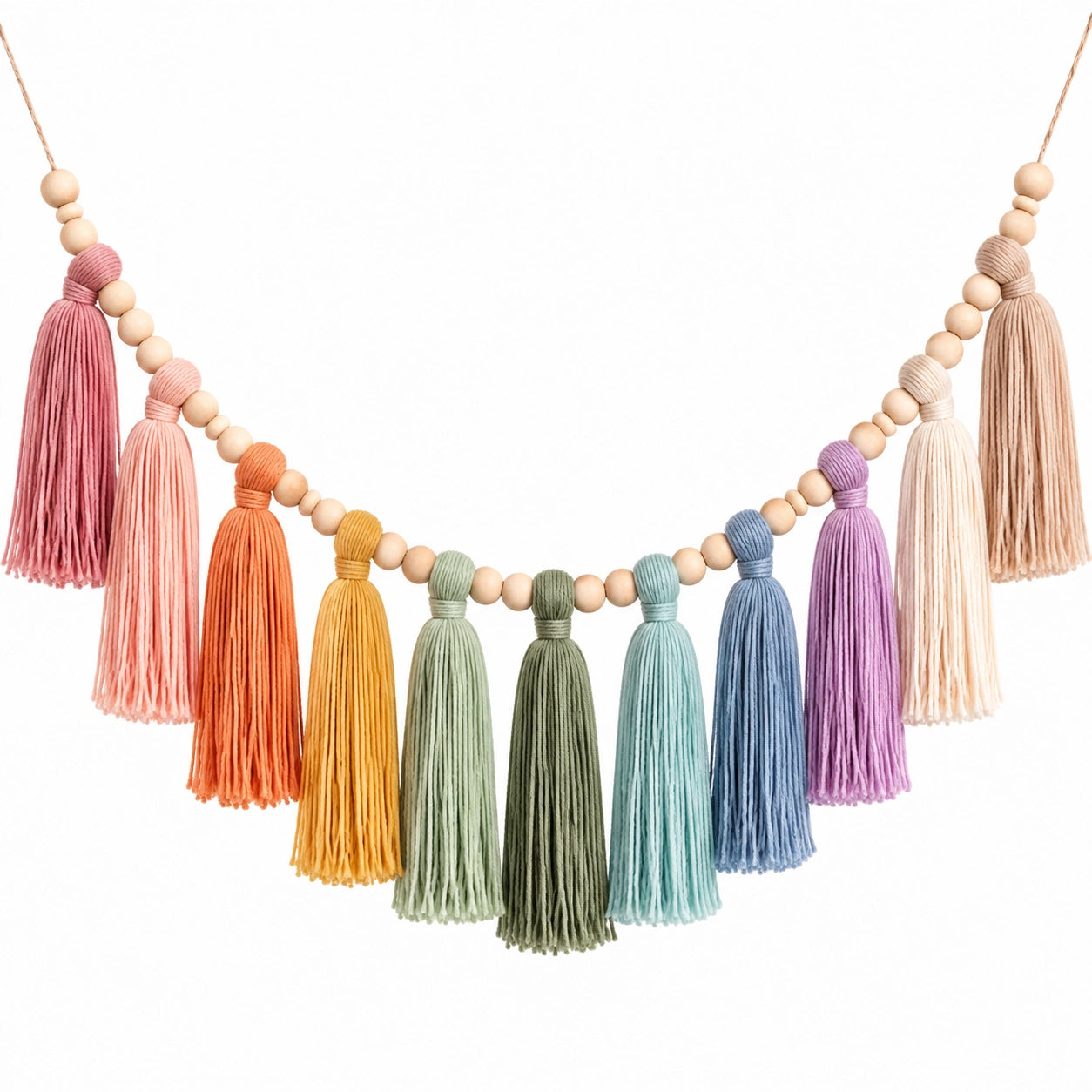 Guirlande décorative de pompons en coton multicolore avec perles en bois