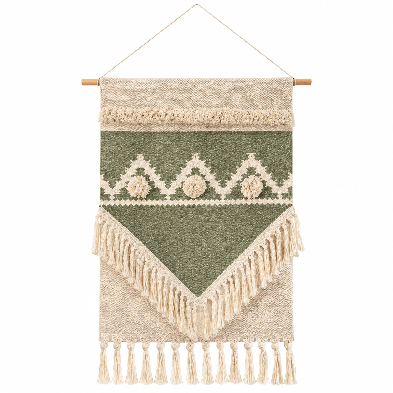 Tenture Murale Bohème Vert et Beige avec Franges